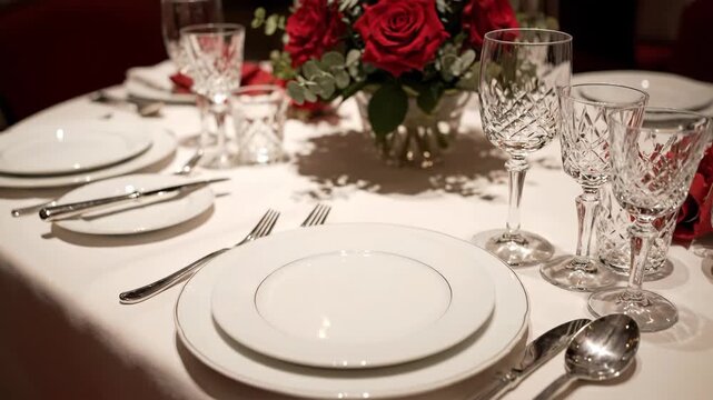 Formal table setting for a luxury event or celebration banquet. Beautifully arranged dinnerware with crystal glasses and a romantic red rose centerpiece