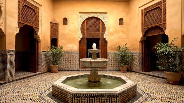 Elegant interior of a traditional moroccan riad with a tranquil courtyard fountain and colorful zellij mosaic tiles. Authentic moorish architecture for luxury travel and design concepts