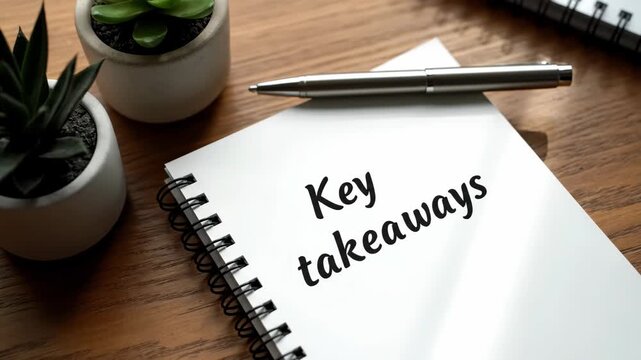 Key takeaways written on a notebook page for a business meeting summary. Top view of an office desk with pen and plants for a presentation or educational concept