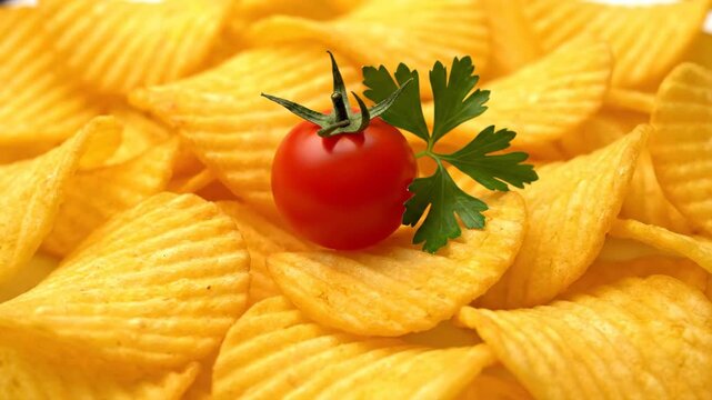 A hand garnishing ridged potato chips with fresh cherry tomato and parsley. Serving a crunchy snack appetizer with a dollop of creamy mayonnaise or sour cream sauce