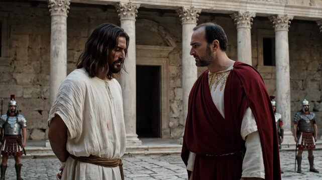 Pontius pilate questions jesus christ before his crucifixion in a dramatic reenactment. Biblical scene of judgment and condemnation in ancient jerusalem with roman soldiers