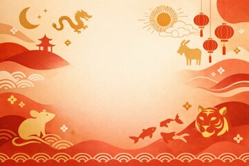 Chinese New Year Celebration Design With Symbols of the Zodiac and Traditional Decorations in Red and Gold Colors