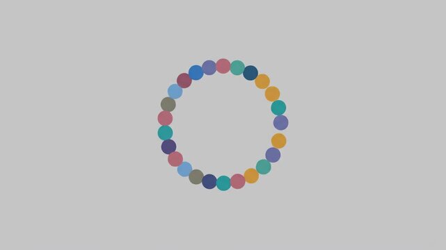 Abstract animation of colorful particles forming a spinning circle. Minimal loading icon or preloader element for user interface design showing progress or buffering