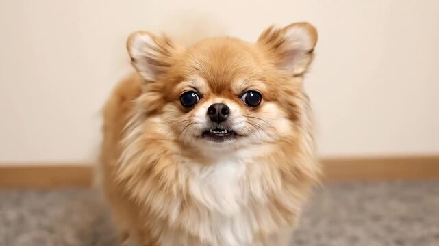 Adorable fluffy pomeranian spitz looking at the camera with big eyes. Composite image showing a sequence of a cute domestic pet's facial expressions at home