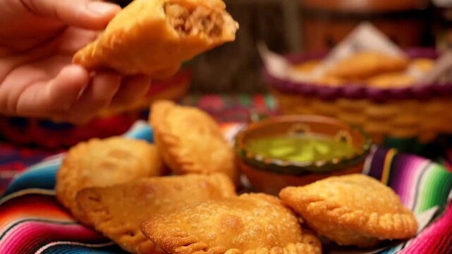Person holding a freshly fried empanada showing the savory meat filling. Traditional mexican street food served with green salsa on a colorful blanket for a festive dinner