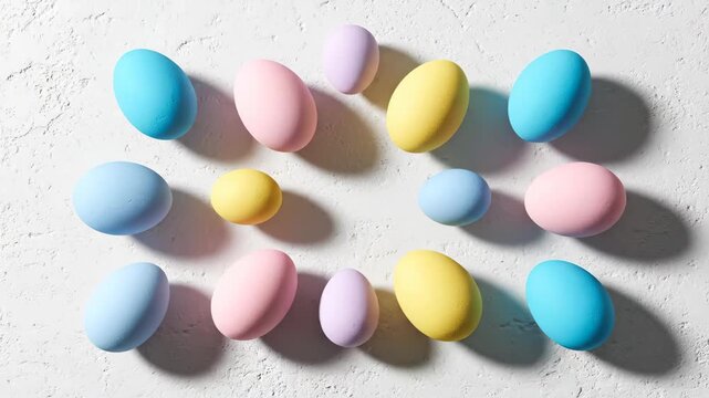 A collection of painted pastel eggs moving in a stop motion sequence for easter sunday. Minimalist holiday concept with a colorful pattern for a festive spring greeting