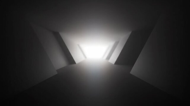 Abstract journey through a dark minimalist corridor towards a glowing white light. Conceptual animation representing hope the future and overcoming adversity