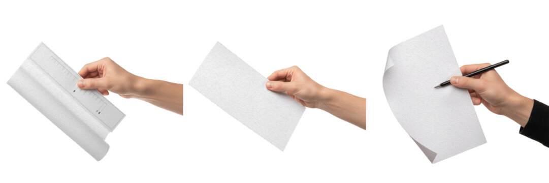 Set and collection of human hands holding blank white paper sheets and writing with a pen for office work and creative sketching isolated on white transparent PNG background.