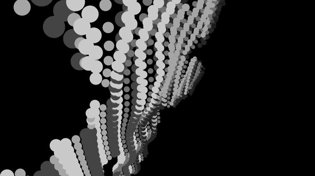 Abstract white and gray circles forming a wave pattern on a black background, viewed from a close-up perspective