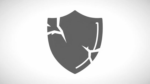 Animation sequence of a broken shield icon appearing on screen. Symbolizing vulnerability, data breach, and failed security system. Minimalist glyph for cybersecurity alerts