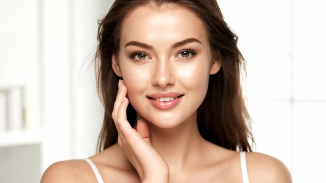 Beautiful young caucasian woman with perfect glowing skin and natural makeup. Skincare routine and cosmetic treatment concept showing a female model touching her face. Composite banner
