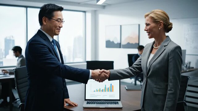 Adult asian businessman and caucasian businesswoman shaking hands to finalize a successful deal. Corporate partners celebrating a profitable agreement in a modern meeting room
