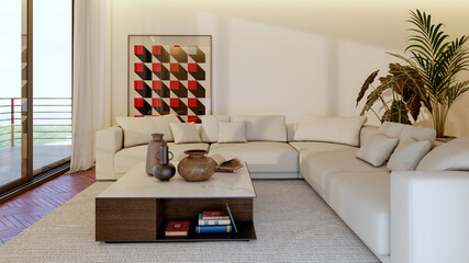 Obraz premium Large illustration 3D rendering luxury modern bright interiors Living room mockup with Couch and Ceiling Fan Ventilation