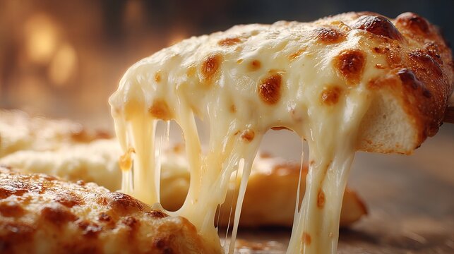 Melted cheese stretches from gooey pizza slice on wooden table