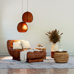 Obraz premium Large illustration 3D rendering luxury modern bright interiors Living room mockup with Couch and Ceiling Fan Ventilation