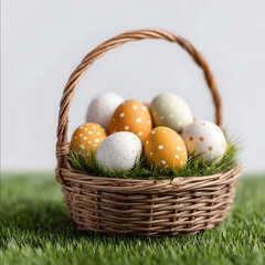 generate on green grass Easter Basket with Painted Eggs on Green Grass white background