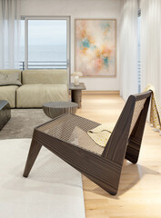 Obraz premium Large illustration 3D rendering luxury modern bright interiors Living room mockup with Couch and Ceiling Fan Ventilation