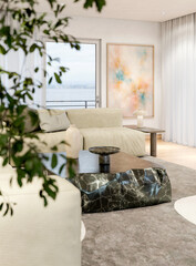 Obraz premium Large illustration 3D rendering luxury modern bright interiors Living room mockup with Couch and Ceiling Fan Ventilation