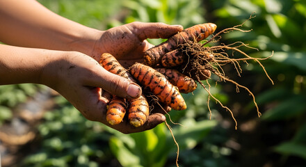 Freshly harvested turmeric in a natural garden setting, highlighting the concept of organic farming and food sustainability.
