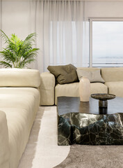 Obraz premium Large illustration 3D rendering luxury modern bright interiors Living room mockup with Couch and Ceiling Fan Ventilation