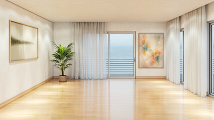 Obraz premium Large illustration 3D rendering luxury modern bright interiors Living room mockup with Couch and Ceiling Fan Ventilation