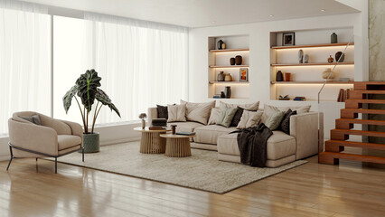 Obraz premium Large illustration 3D rendering luxury modern bright interiors Living room mockup with Couch and Ceiling Fan Ventilation