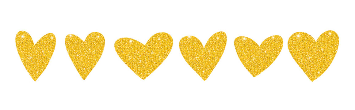Bright vector shiny golden yellow glittering hearts set. Elegant bright love decorating gold symbols with glitter texture for Valentines day greeting cards, 14 February posters, wedding events design