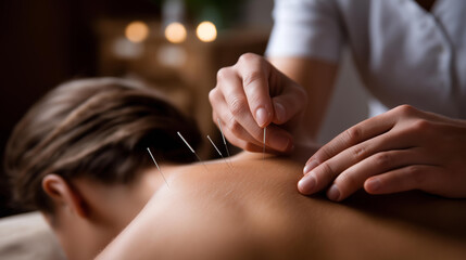 Extreme closeup of acupuncture needles inserted into faceless back for traditional Chinese medicine treatment, therapeutic procedure, precision healing, wellness technique, with