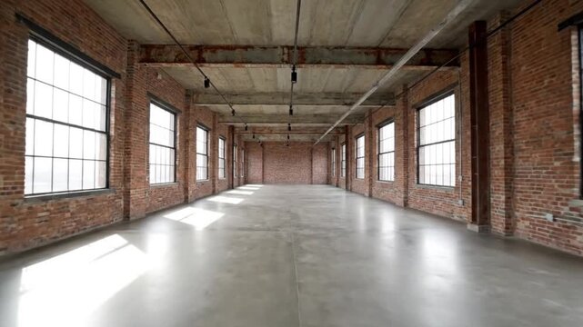 Spacious Industrial Loft Interior with Exposed Brick Walls and High Ceilings, Ready for Modern Design