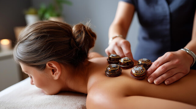 Faceless woman receiving cupping therapy on back, traditional Chinese medicine treatment for pain relief and relaxation, spa salon concept, closeup detail of cups aligned along