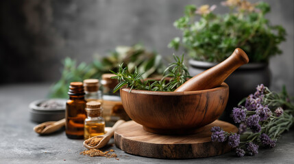Traditional Chinese medicine ingredients and herbal remedies with essential oils and wooden mortar and pestle, natural healing, therapeutic preparation, apothecary tools, with