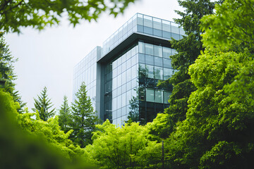 Modern office building stands among green trees in the city on a cloudy day