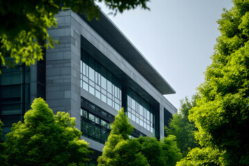 Modern building surrounded by green trees displays glass windows on a clear day with blue sky above and sunlight shining down