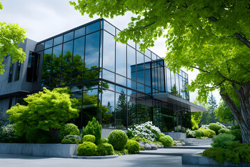 Modern building surrounded by green plants on a sunny day in a quiet neighborhood