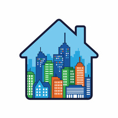 Fototapeta premium City skyline silhouette is creatively framed within the outline of a simple house shape representing urban living or real estate.