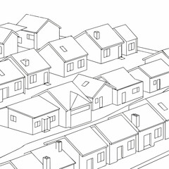 Detailed black and white line drawing illustrates a dense suburban neighborhood featuring numerous identical pitched-roof residential dwellings.