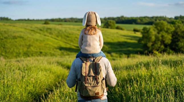 Father and daughter enjoying a peaceful walk in a green meadow on a sunny day