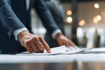 Business meeting at a modern office involves discussions and document sharing among professionals in suits