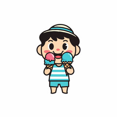 Fototapeta premium Happy child in summer attire joyfully holds two large colorful ice cream cones, eagerly anticipating a sweet frozen treat.