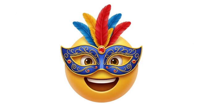 Vibrant masquerade emoji with colorful feathers and elegant mask
