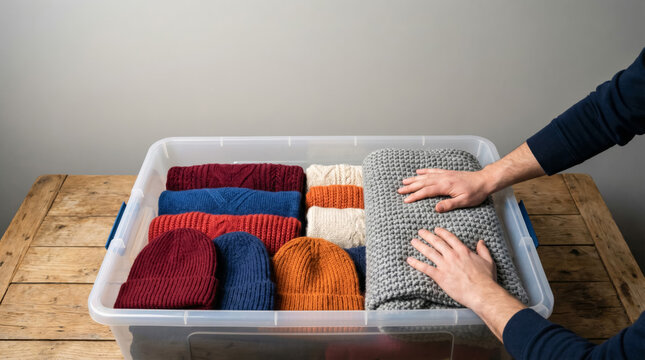 Organizing winter clothing in plastic storage bin for seasonal decluttering