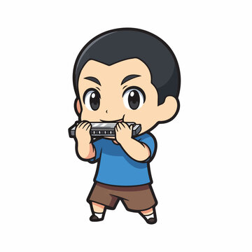 Small boy in a blue shirt happily playing a silver harmonica with both hands in a modern, cheerful cartoon drawing.