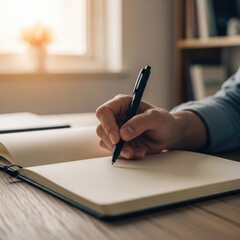 Fototapeta premium Focused hand writing in a notebook at desk.
