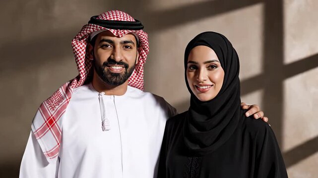 Authentic Middle Eastern couple portrait, man in thobe and woman in abaya. Representing modern Arab family values and regional lifestyle marketing.