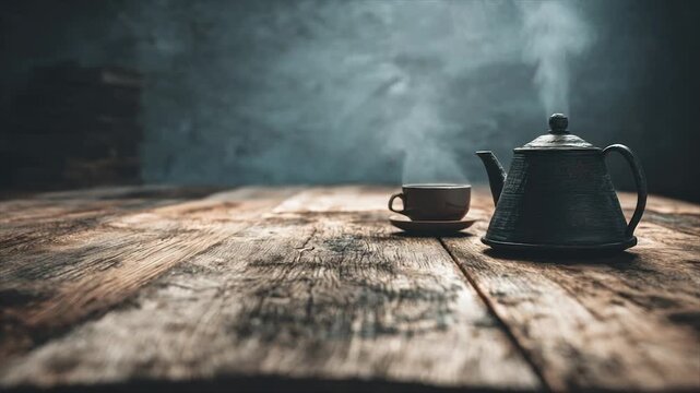 A rustic wooden table with a teapot, cup, and steam against a dark, hazy backdrop