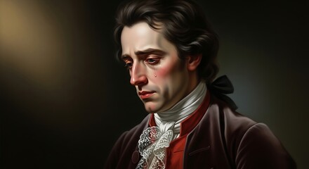 Obraz premium Dramatic Close-up Portrait of a Crying Man in Historical 18th Century Attire, Embodying Deep Sadness, Sorrow, and Emotional Pain with a Tearful Expression