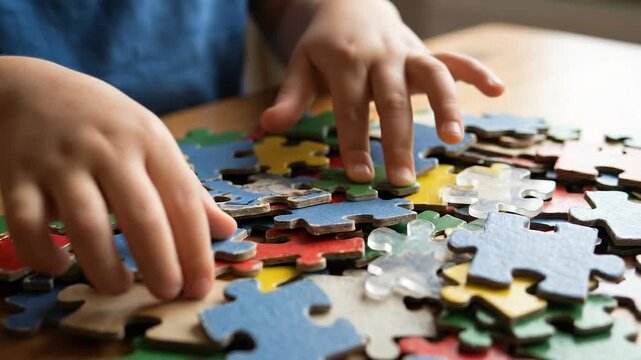 Close-up of Child's Hands Sorting Multicolored Puzzle Pieces - Autism Complexity