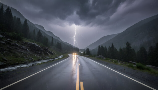 Dramatic storm lightning strike over wet mountain road at night with headlights