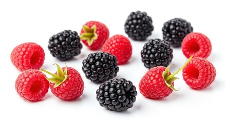 Fresh Raspberries and Blackberries on White Background.