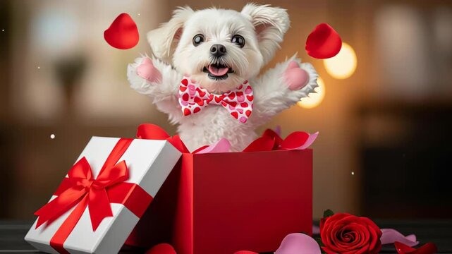 Adorable white puppy with bow tie popping out of a red gift box with rose petals and a rose for valentines day